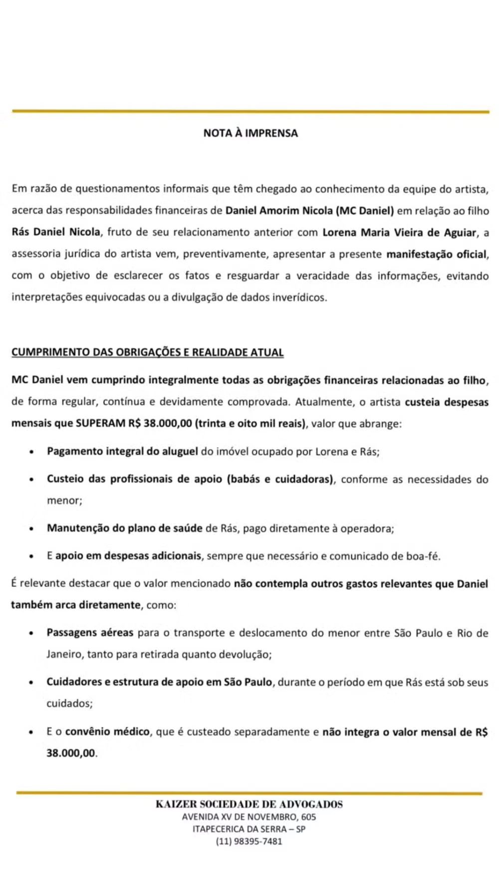 MC Daniel se pronuncia após controvérsia relacionada ao pagamento de pensão.
