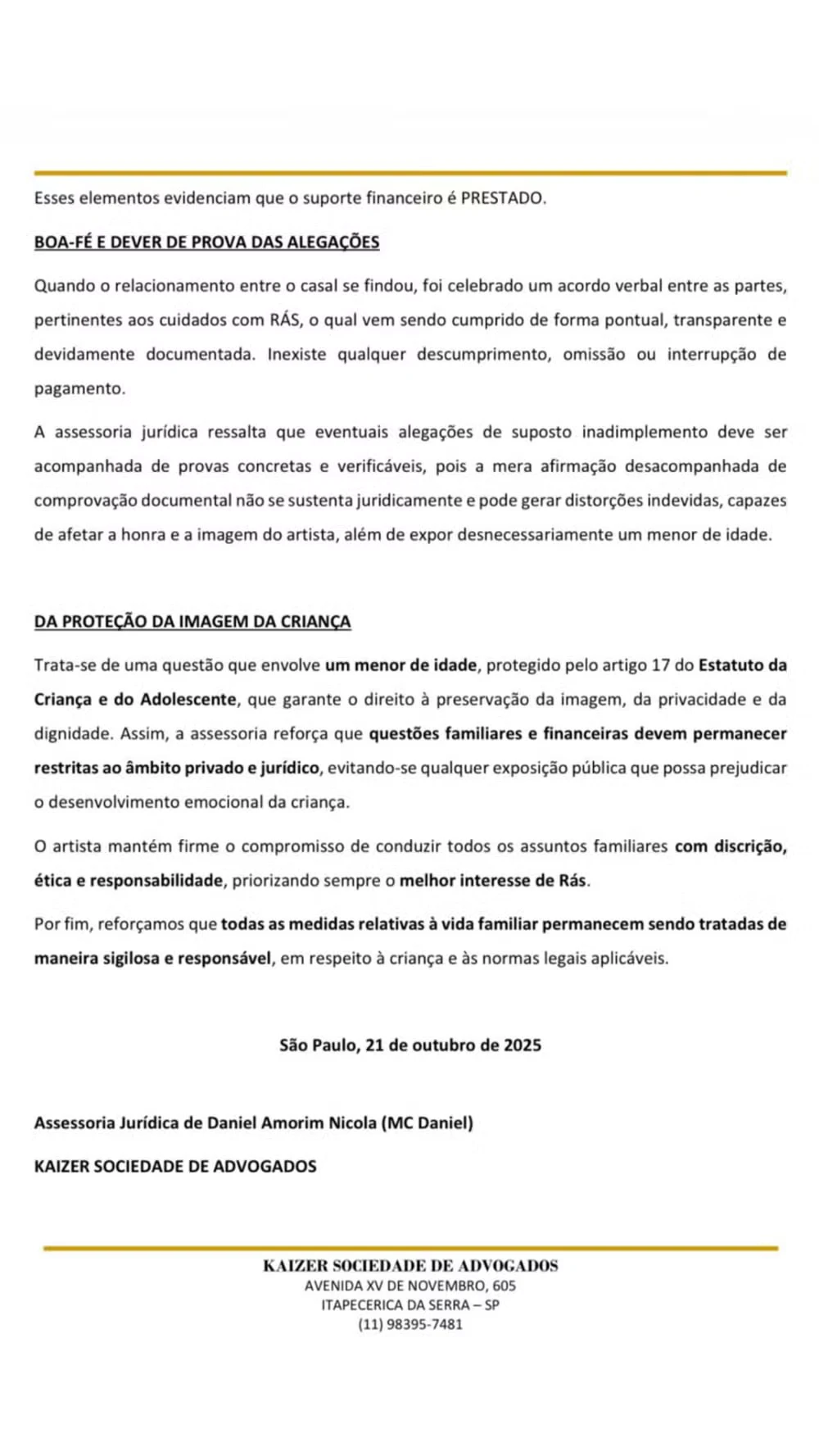 MC Daniel se pronuncia sobre controvérsia relacionada ao pagamento de pensão.