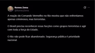 Zema cobra combate ao Comando Vermelho como grupo terrorista após operação no Rio