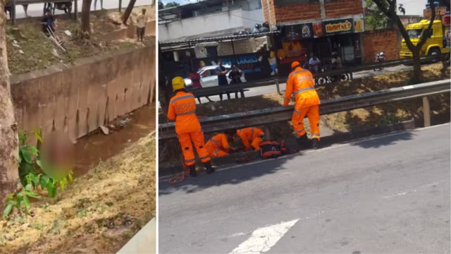 Bombeiros resgatam mulher caída dentro de galeria na Avenida Gerasa, em Ipatinga