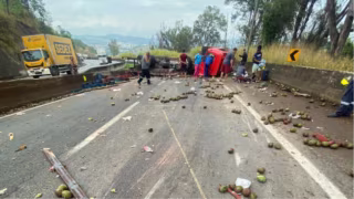 Carreta com carga de mangas tomba e causa congestionamento na BR-381