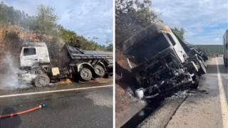 Carreta com 30 toneladas de café tomba e pega fogo na BR-381, em Naque