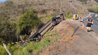 Caminhão carregado de bois tomba na BR-381 em Nova Era