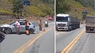 Carro e carreta se envolvem em acidente na Ponte Torta, na BR-381; "sinalização sem noção"