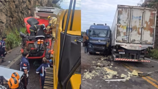 Motorista fica preso às ferragens após colisão entre caminhão e carreta na BR-381, em Sabará