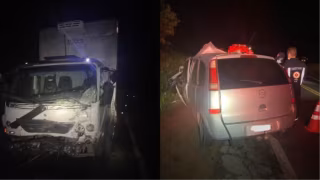 Motorista morre preso às ferragens após colisão entre carro e caminhão na BR-262