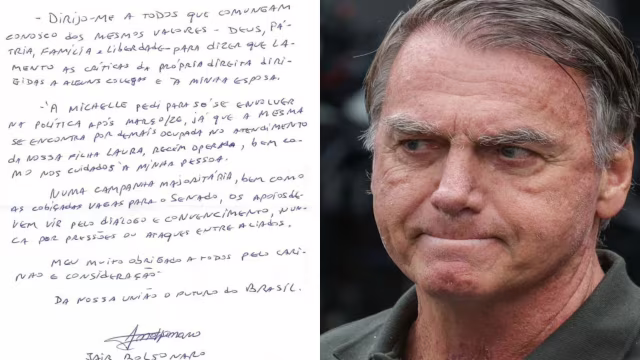 Carta: Bolsonaro lamenta críticas da direita a Michelle e pede união