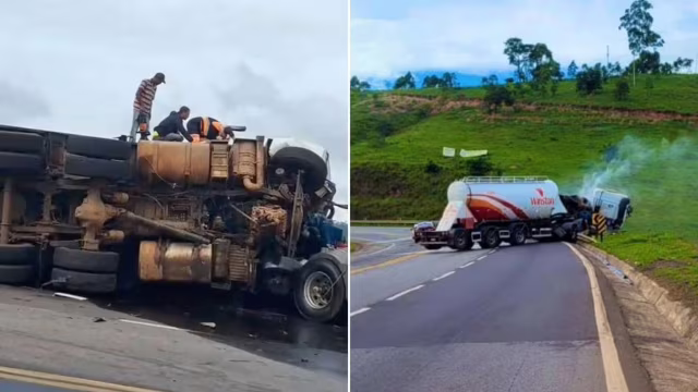 Acidente entre caminhões interdita totalmente a BR-381 em João Monlevade
