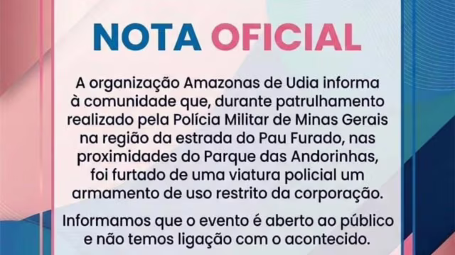 Arma é furtada de dentro de viatura da PM durante ocorrência em Uberlândia