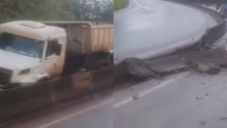 Carreta destrói mureta central e interdita faixa na BR-381 em MG