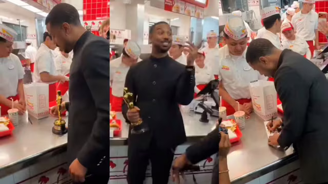 Michael B. Jordan celebra Oscar 2026 em lanchonete com hambúrguer, milkshake e a estatueta na mão