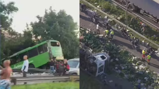 Acidente entre ônibus e carreta de bananas interdita BR-116 em Magé e deixa dois feridos