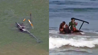 Helicóptero perde altitude e faz pouso de emergência perto do mar na Barra da Tijuca