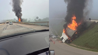Carreta pega fogo após sair da pista na BR-381, em trevo de Barão de Cocais