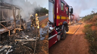 Micro-ônibus com time de futebol amador pega fogo na MG-214