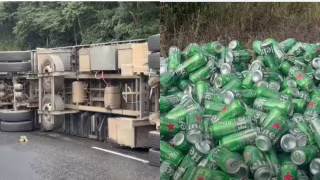Carreta com carga de cerveja tomba na BR-040 em Oliveira Fortes (MG) e trecho fica interditado; parte foi saqueada
