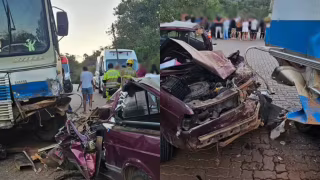 Idosa morre e homem fica preso às ferragens após batida com ônibus em São Thomé das Letras