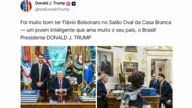 Trump publica foto com Flávio Bolsonaro no Salão Oval e o elogia em rede social