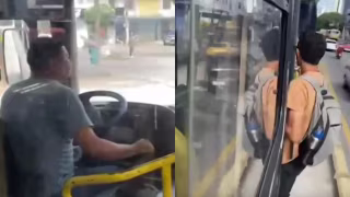 Jovem é flagrado pendurado na porta de ônibus em Belém após tentar embarcar fora do terminal