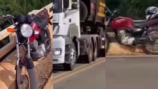 Vídeo mostra motocicleta sendo atingida por caminhão em ponte na zona rural de Niquelândia (GO)