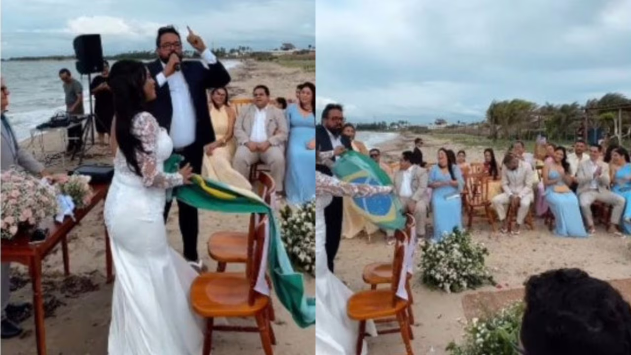 Casal Lucão e Ruth Castelo Branco usa cerimônia de casamento na praia para declarar apoio político e exibir a bandeira do Brasil