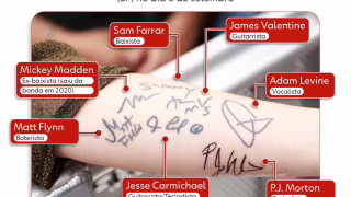 Fã do Maroon 5 tatua autógrafos da banda e celebra cinco anos sem câncer antes de show em Rio Preto