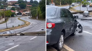 Carro derruba três postes e interdita avenida em Coronel Fabriciano
