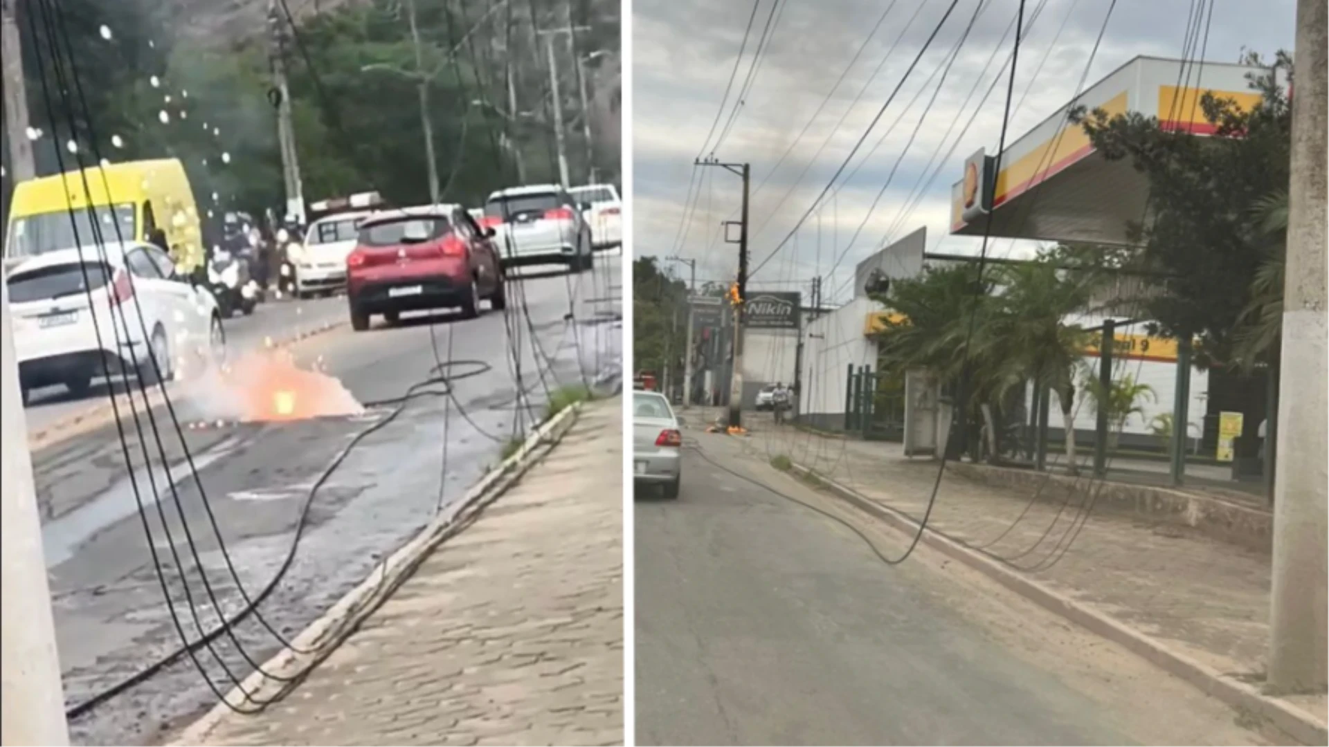 Fiação de poste pega fogo em frente a posto de combustível em Timóteo