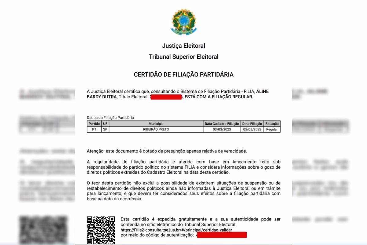 Documento que comprova a filiação de Aline Bardy Dutra, conhecida como Esquerdogata