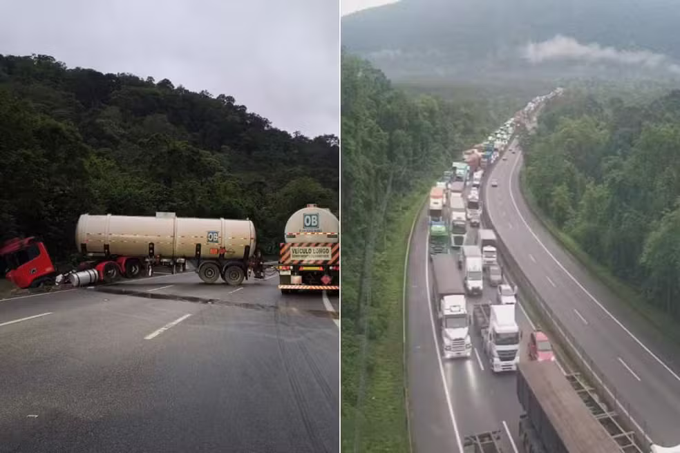 Em razão do congestionamento gerado pela carreta, o tráfego segue devagar.