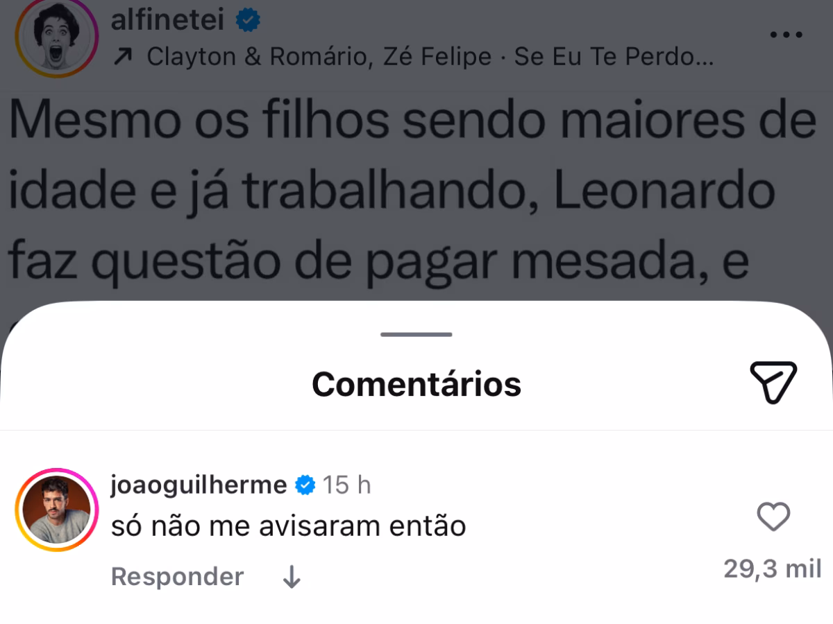 João Guilherme refuta a alegação sobre a mesada recebida por Leonardo