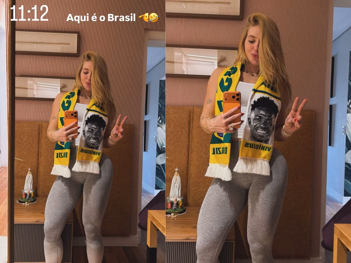 Virginia exibe o presente que recebeu de Vini Jr