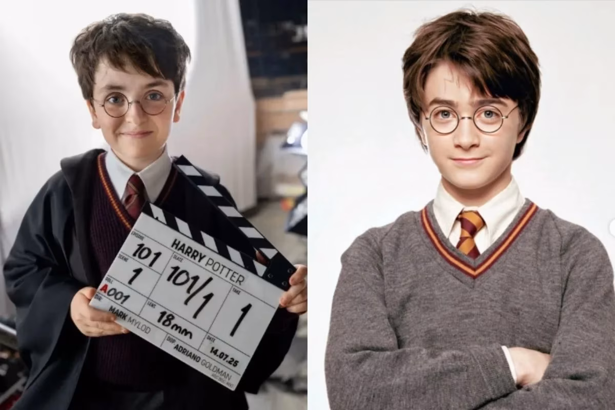 Dominic McLaughin e Daniel Radcliffe vestidos como Harry Potter