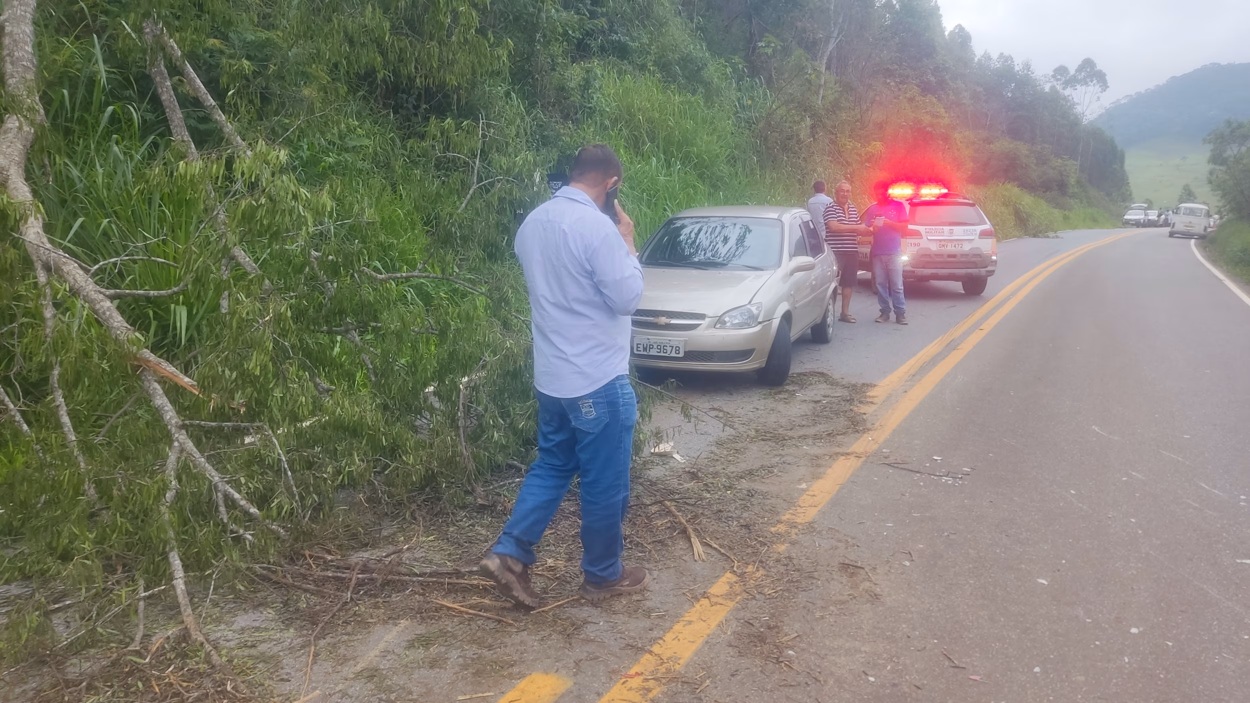 Relatos indicam que o carro reduziu a velocidade para desviar de uma árvore caída na pista, momento em que a moto acabou batendo em sua traseira.