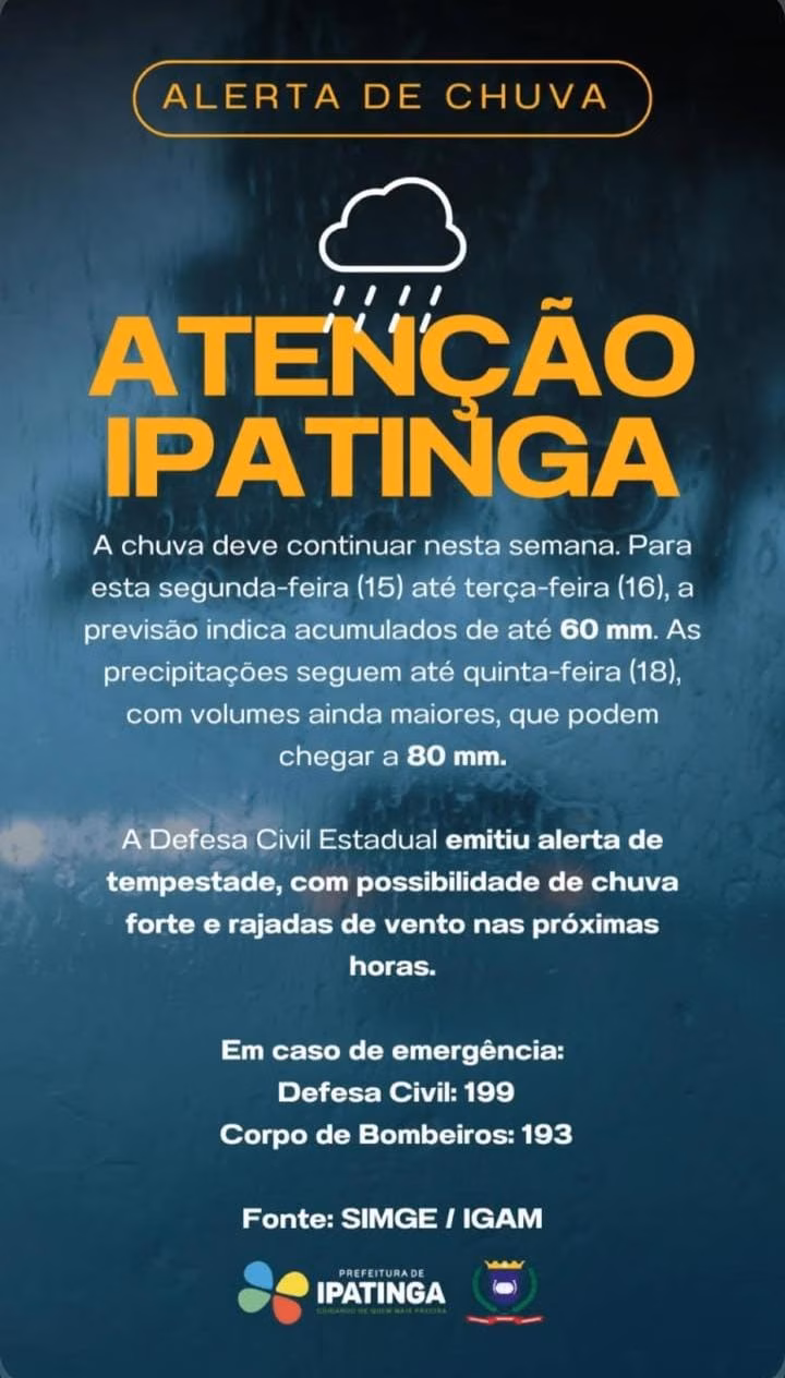 O cenário eleva o risco de alagamentos, enxurradas e deslizamentos em áreas mais vulneráveis do município.