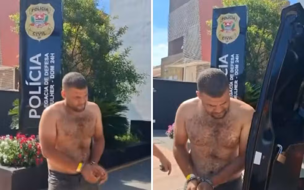 Suspeito de matar mulher a facadas deixa a DDM em Ribeirão Preto (SP).