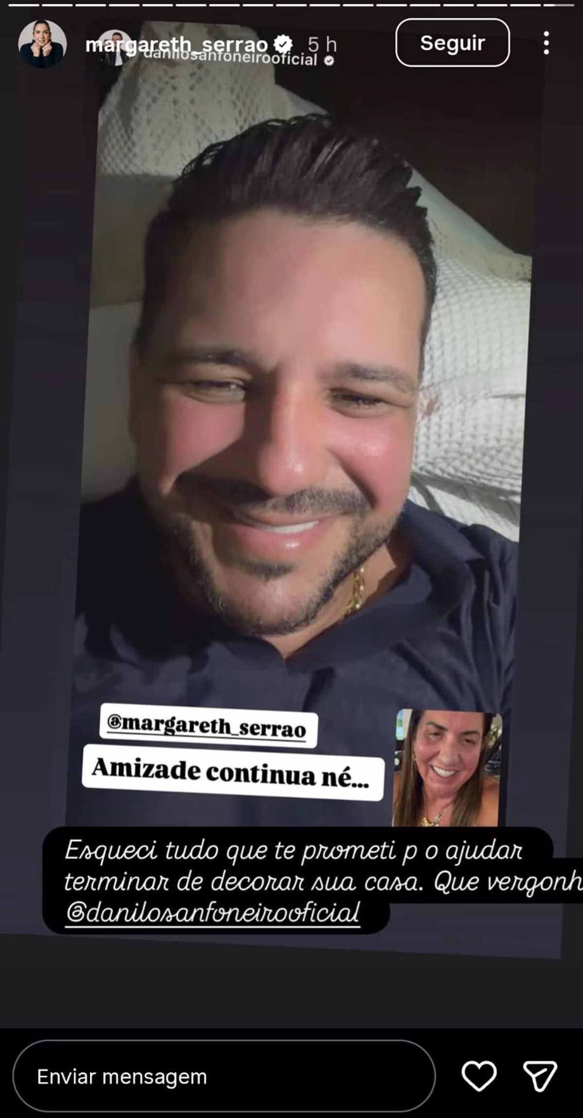 Margareth Serrão se irritou com Danilo Nascimento e soltou o verbo nos stories do Instagram, na madrugada desta segunda-feira (5/1)