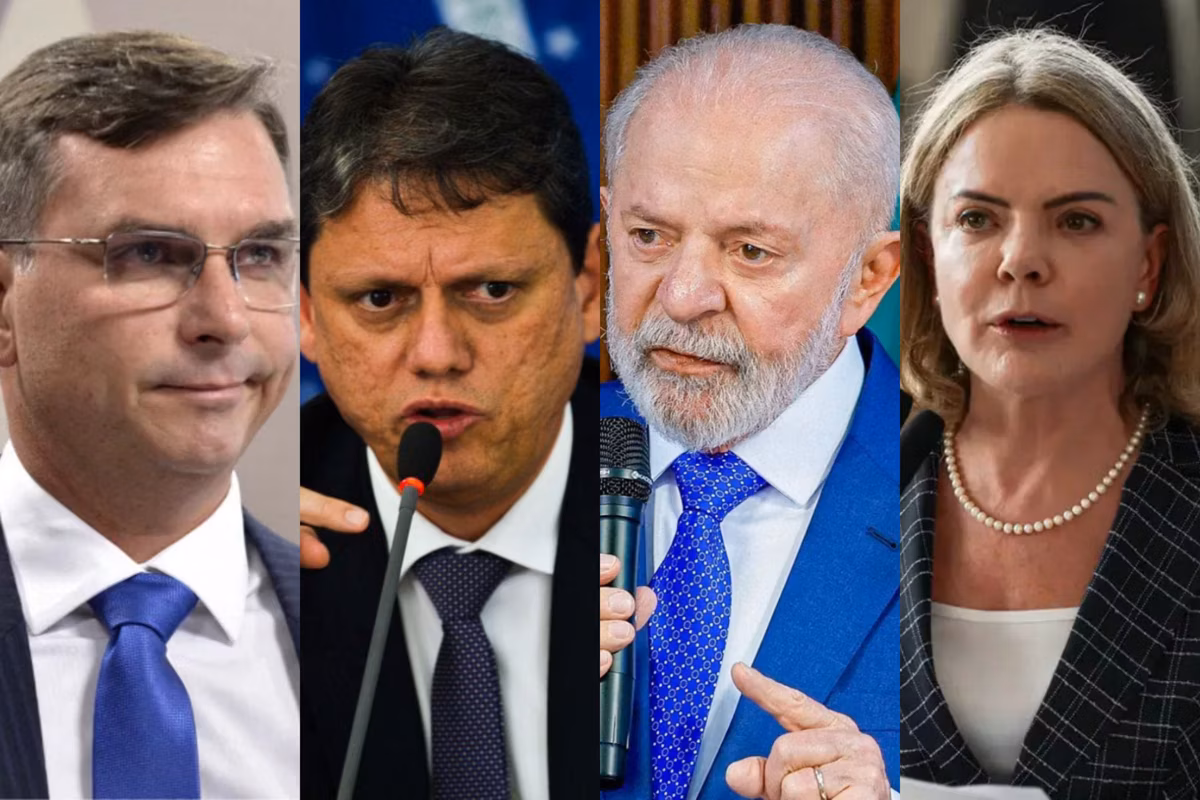 Da esquerda para direita: Flávio Bolsonaro (PL), Tarcísio (Republicanos), Lula (PT) e Gleisi (PT)