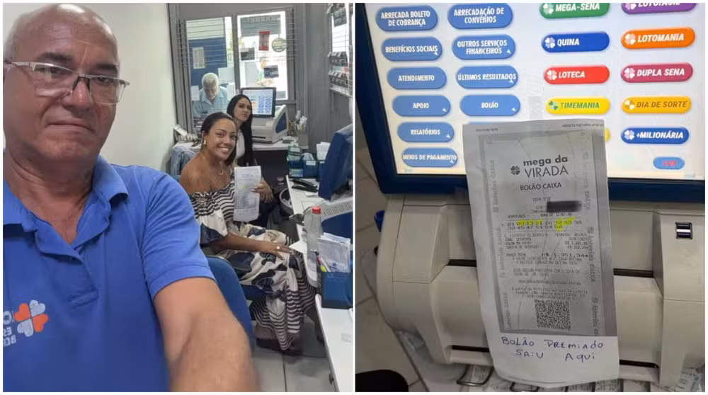Dono da lotérica de Franco da Rocha com funcionários e bilhete premiado na Mega da Virada