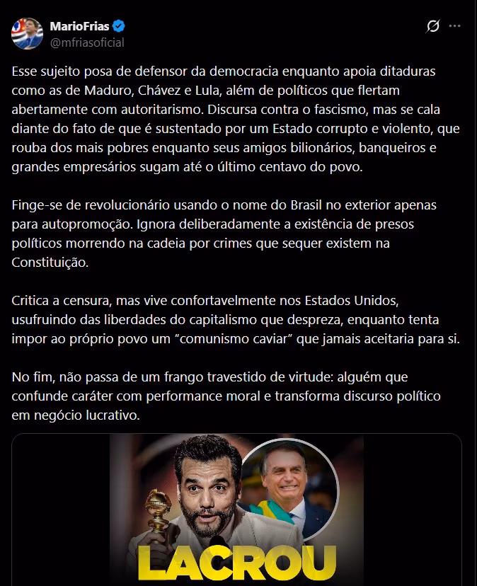 Publicação feita pelo deputado no X. 