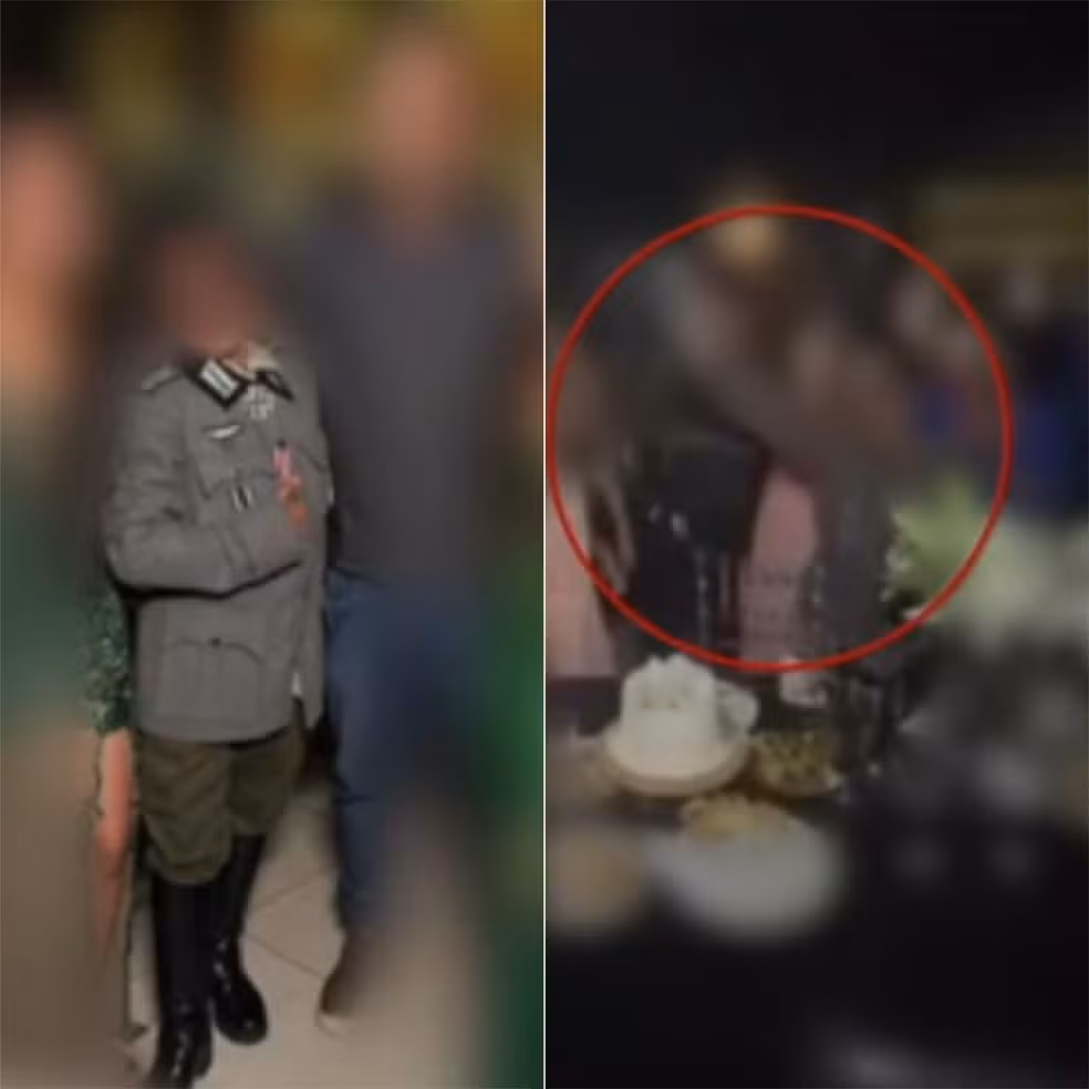 Adolescente em foto posada com o uniforme e, na segunda imagem, fazendo reverência com braço direito levantado