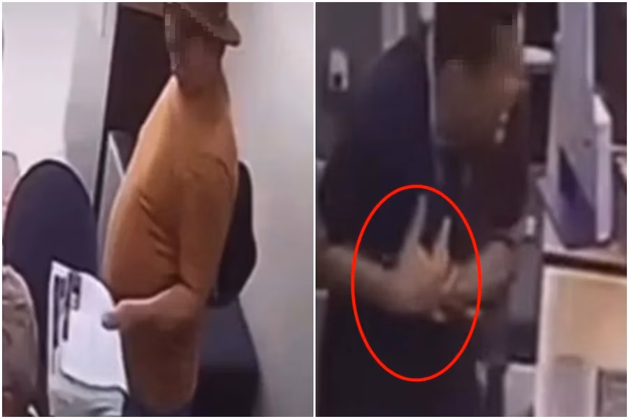 O gerente é esfaqueado na altura das costelas, abaixo do peito. Ele leva a mão ao ferimento, cambaleia para trás e cai