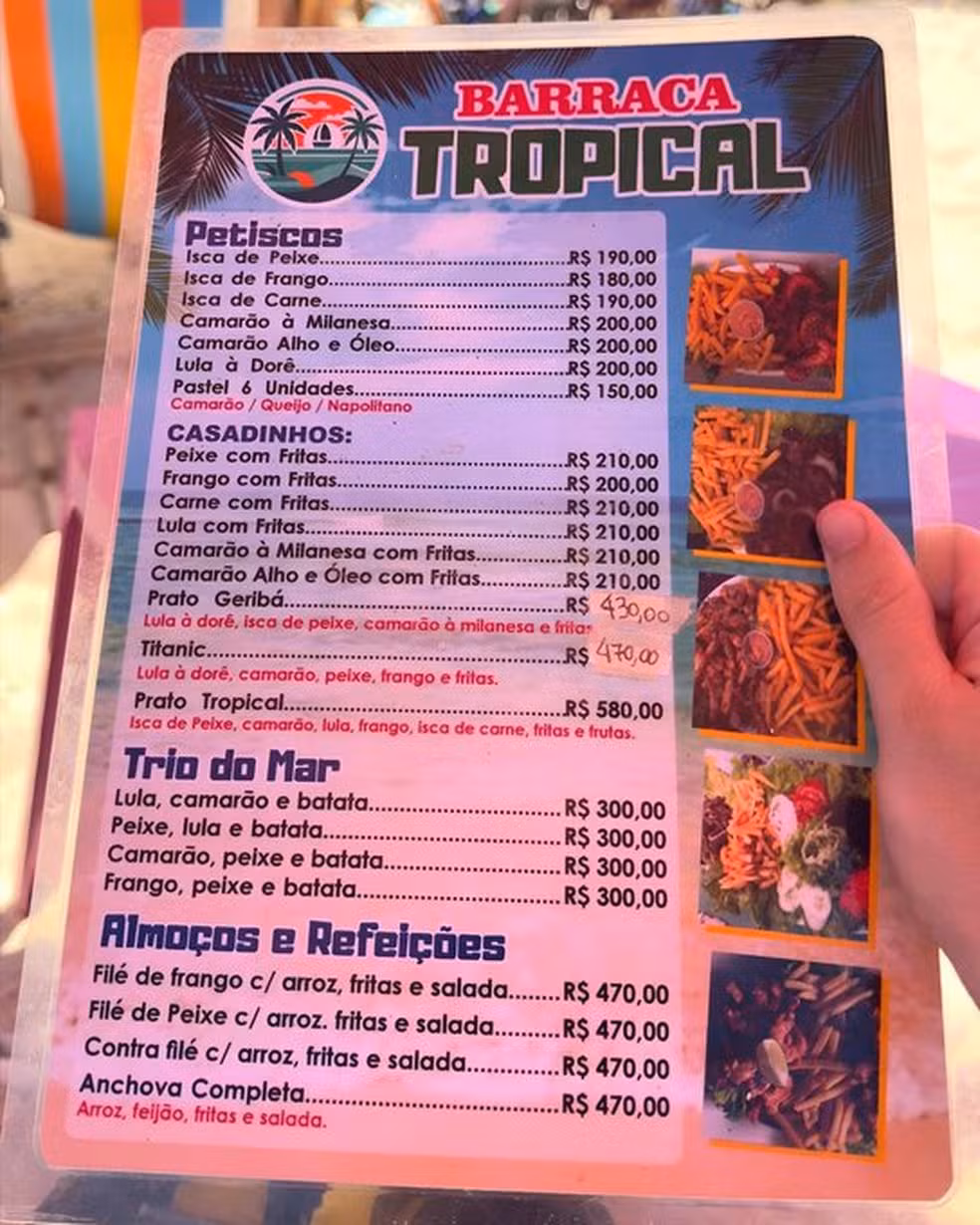 Cardápio com preços abusivos em barraca na praia de Geribá em Búzios, viralizou nas redes sociais.