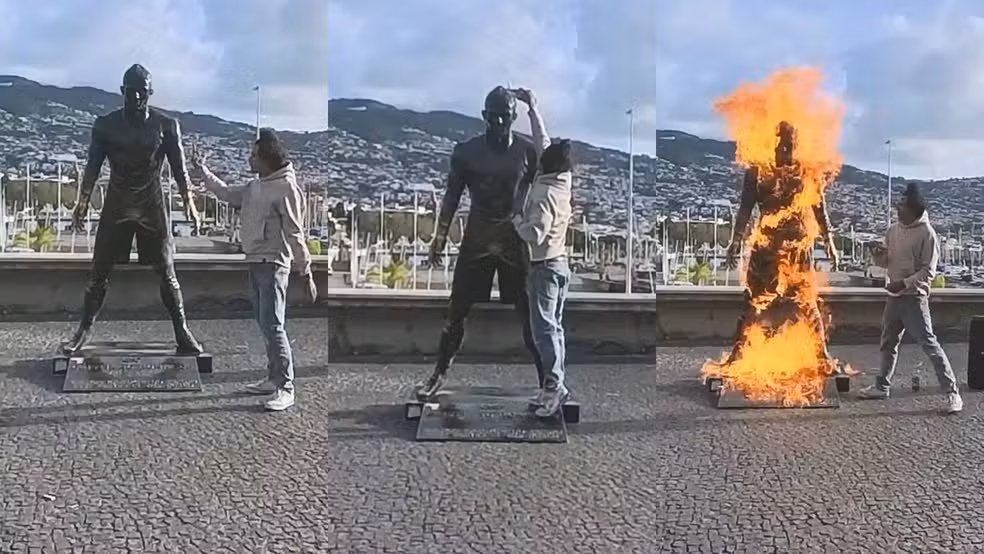 Homem ateia fogo em estátua do Cristiano Ronaldo em Funchal, na ilha da Madeira, em 20 de janeiro de 2026.