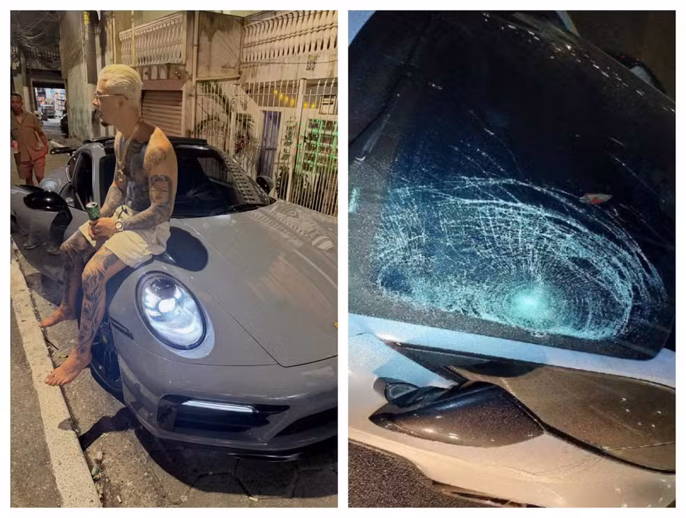 À esq. MC Tuto no Porsche; à dir., o carro após atropelamento