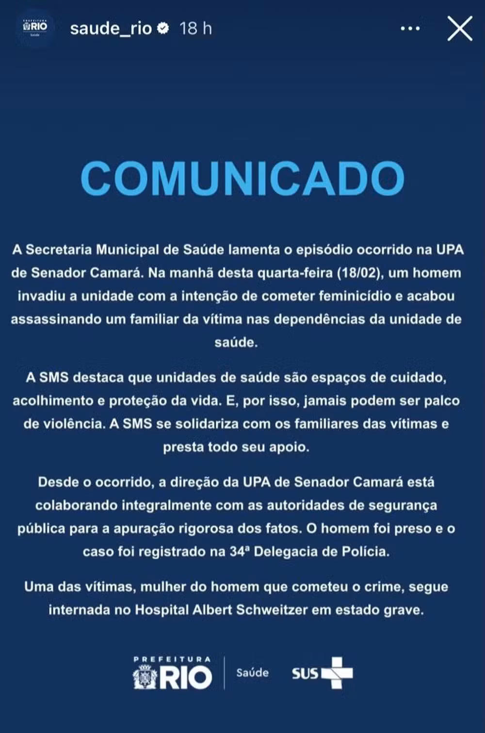 SMS divulgou nota nas redes sociais lamentando o crime ocorrido dentro da UPA de Senador Camará