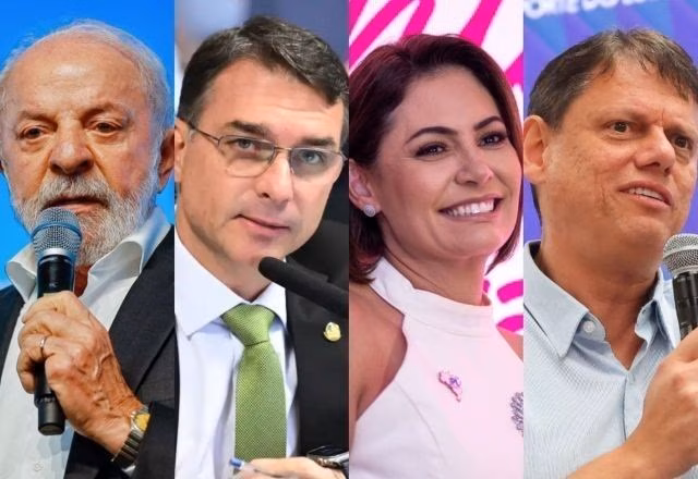 Lula (PT), Flávio Bolsonaro (PL-RJ), Michelle Bolsonaro (PL) e Tarcísio de Freitas (Republicanos) | Divulgação/Ricardo Stuckert/PR, Edilson Rodrigues/Agência Senado, PL Mulher e Pablo Jacob/Governo de SP