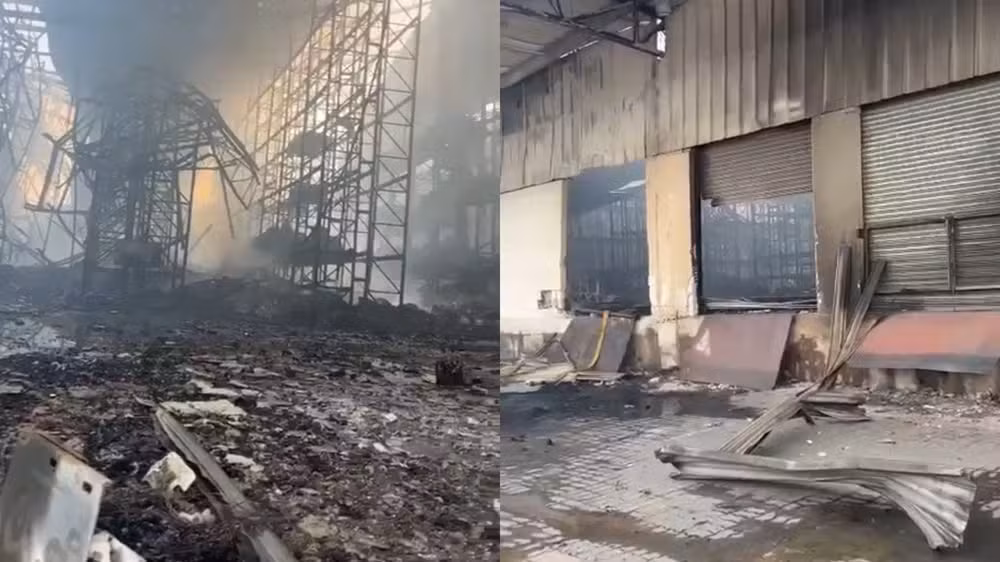 Imagens feitas pelo Corpo de Bombeiros nesta segunda-feira (9), mostram destruição de galpão que pegou fogo em Viana, Espírito Santo