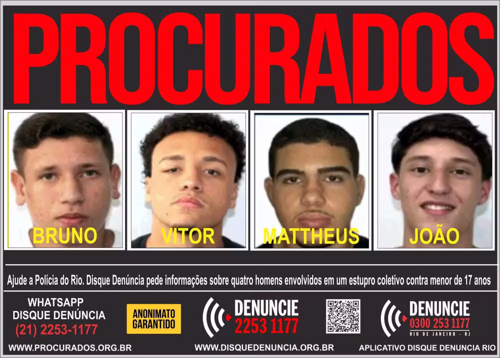 Portal dos Procurados divulgou cartaz dos quatro jovens denunciados pelo estupro coletivo