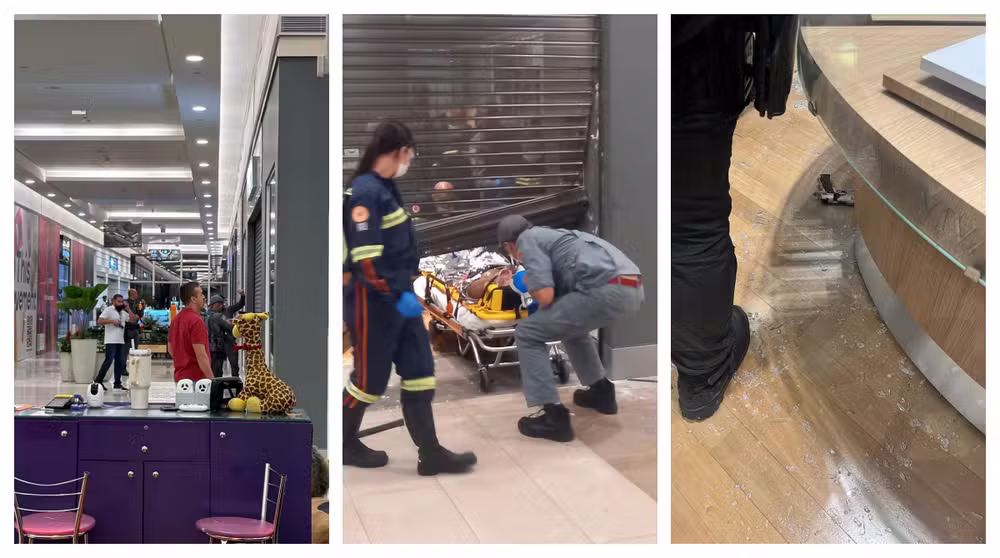 Policias negociam rendição de homem que havia esfaqueado ex dentro de joalheria (à esquerda). Ele ameaçou agentes, que revidaram atirando. Rapaz foi baleado e retirado de maca (centro). Ele estava com uma arma falsa (à direita).